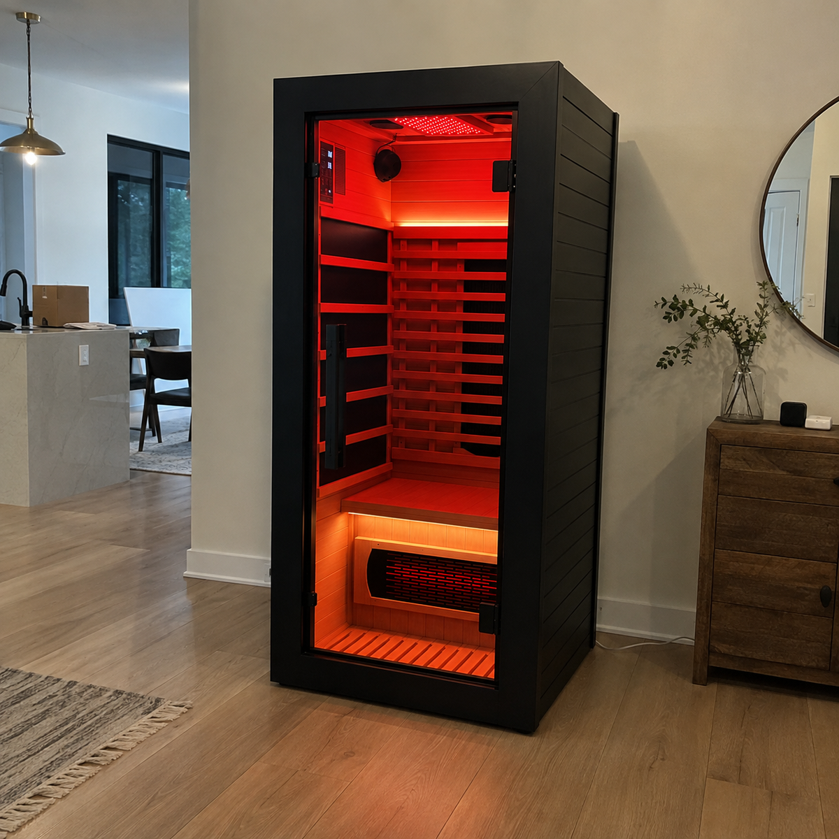 The sauna installed at the edge of an open-plan living area, showing how much floor it takes
