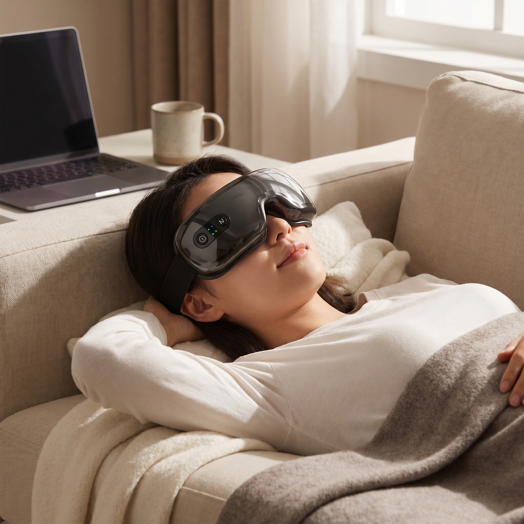Nutelix Smart Eye Massager in use during 15-minute recovery session