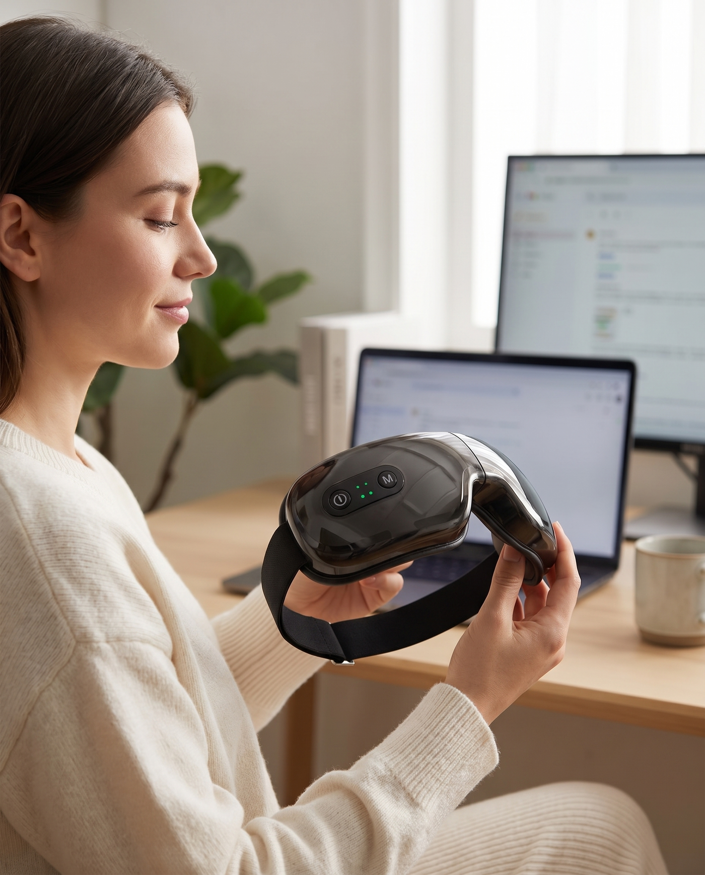 Person wearing Nutelix Smart Eye Massager, eyes closed, relaxing